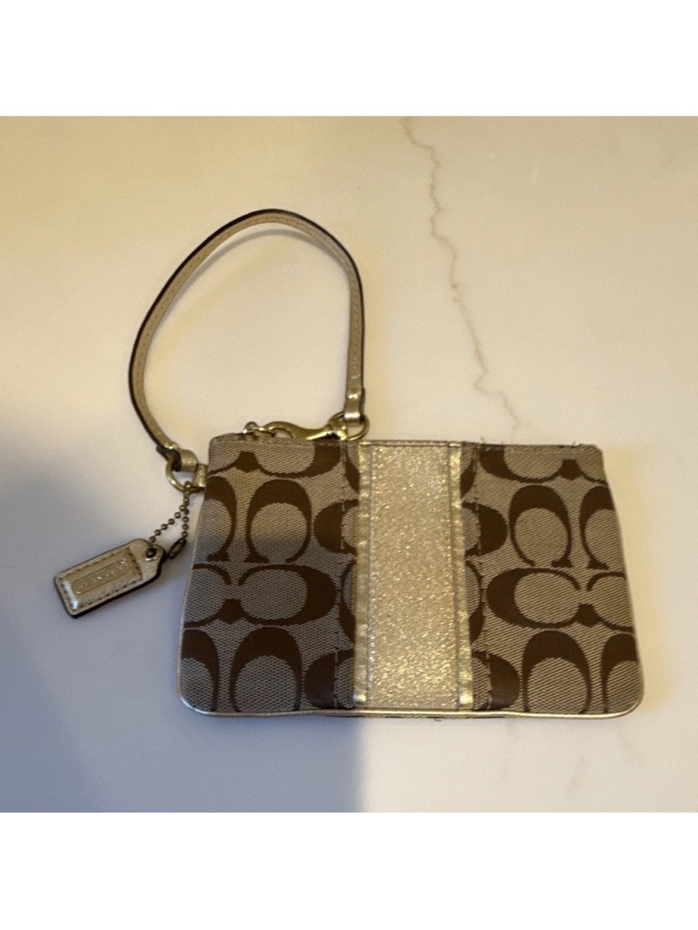 Coach Brown Signature Canvas Wristlet with Metallic Gold Stripe